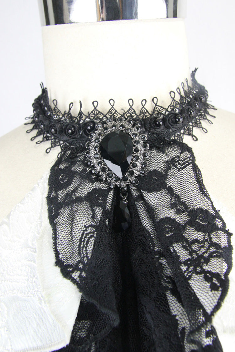 White Lace Jacquard Jewel Pins Men's Gothic Tie - Black - 3
