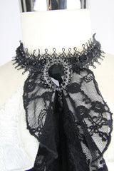 White Lace Jacquard Jewel Pins Men's Gothic Tie - Black - 3