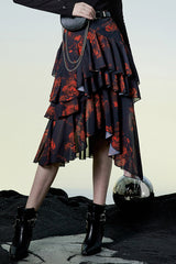 Black/Red Layered Irregular Skirt Pattern Printing Decoration High Waist Chiffon Women's Punk Skirt - Black/Red - 1