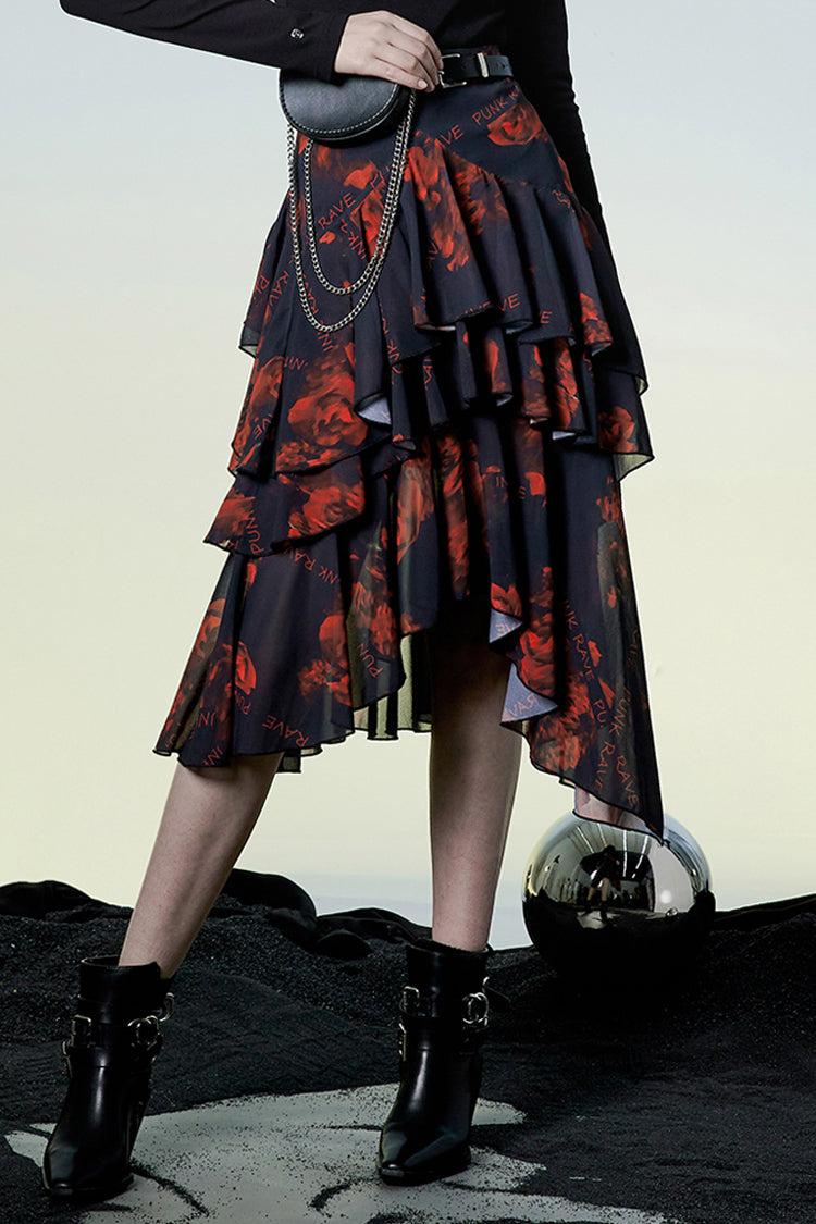 Black/Red Layered Irregular Skirt Pattern Printing Decoration High Waist Chiffon Women's Punk Skirt - Black/Red - 1
