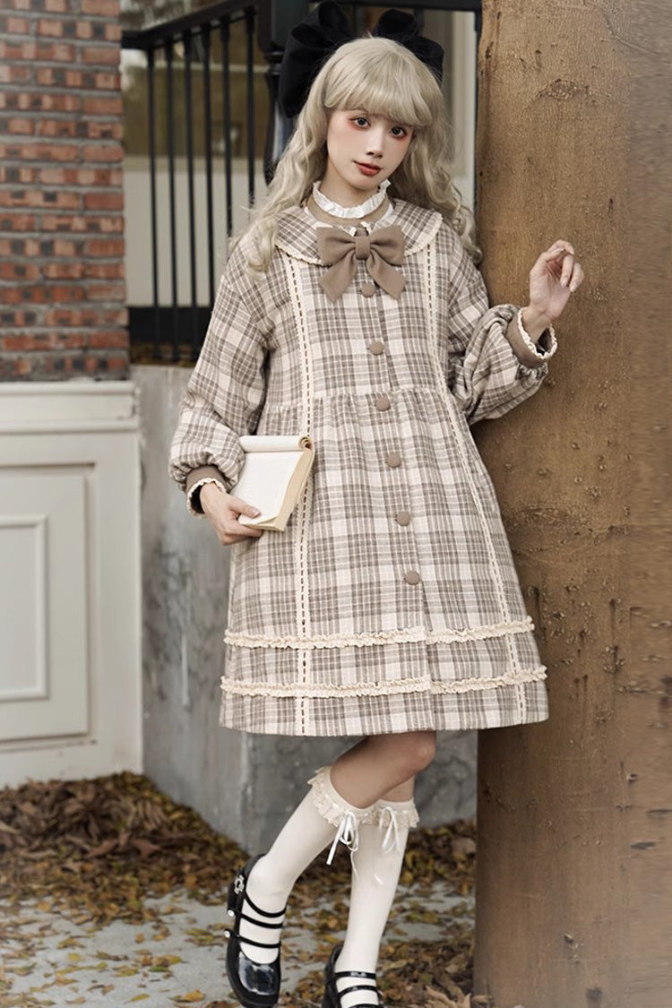 Light Brown Doll Collar Long Sleeves Multi-layer Print Bowknot Sweet College Style Lolita Dress Coat - Product - 7
