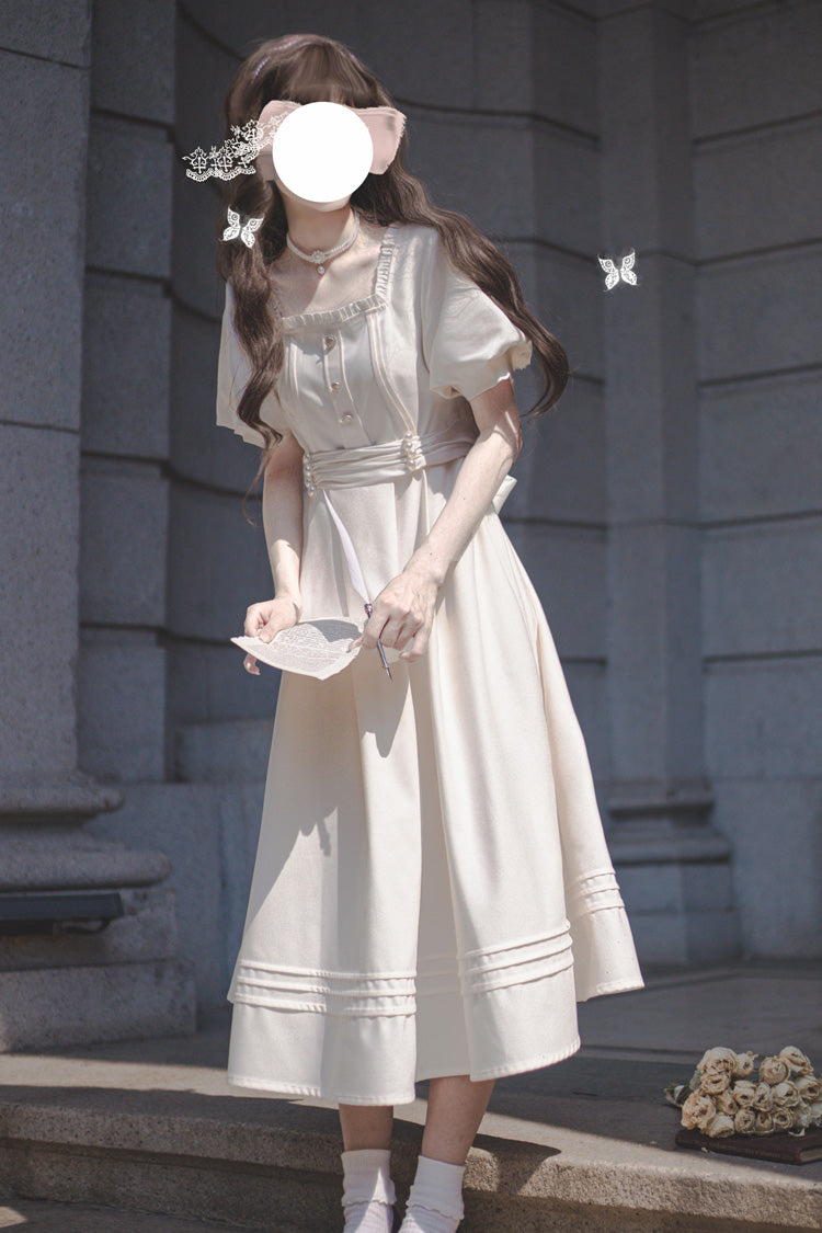 Apricot [Random Thoughts] Square Collar Short Sleeves Ruffle Classic Vintage Elegant Lolita Dress - Product - 13
