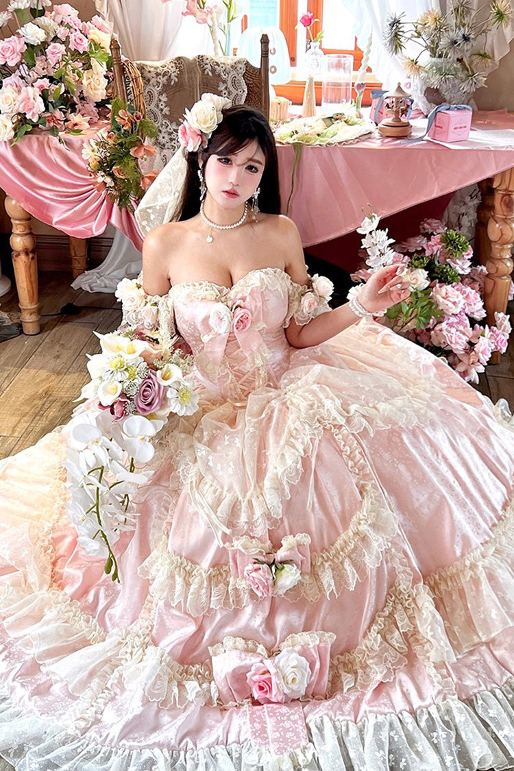 Pink [Love and Roses] Ruffle Hanayome Bowknot Lace Sweet Princess Lolita Jsk Dress - Product - 13