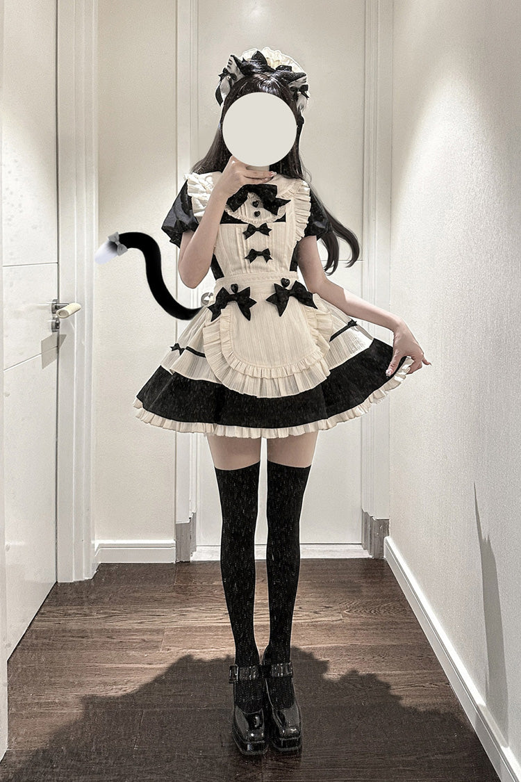 Black Lapel Collar Short Sleeves Ruffled Bow Sweet Elegant Maid Halloween Lolita Dress - Product - 4