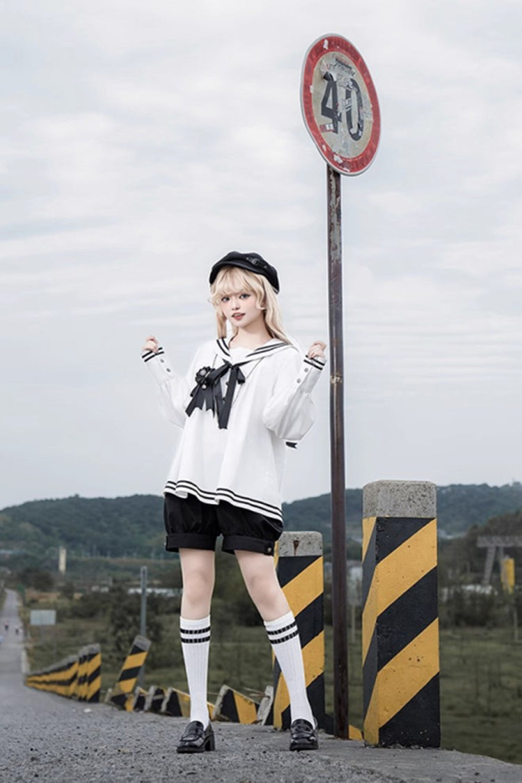 Black/White [Old Stories] Navy Collar Long Sleeves Bowknot Ouji Gothic Lolita Blouse Shorts Set - Product - 6