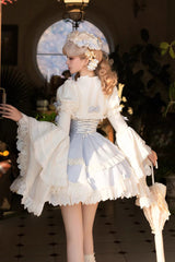 Blue [Letter Paper] Sleeveless Double-Layered Printed Ruffled Open-Front Bow Lace-Up Sweet Lolita Jsk Dress (Short Version) - Product - 5