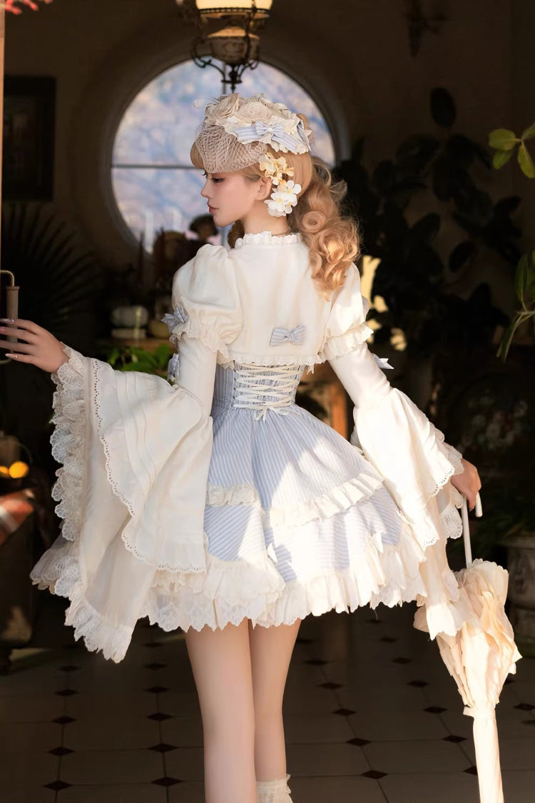 Blue [Letter Paper] Sleeveless Double-Layered Printed Ruffled Open-Front Bow Lace-Up Sweet Lolita Jsk Dress (Short Version) - Product - 5