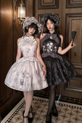 [Stained Glass Dream] Halterneck Sleeveless Printed Embroidered Bow Gothic Lolita Dress 2 Colors (Black/Purple, White/Purple) - Black/Purple - 1