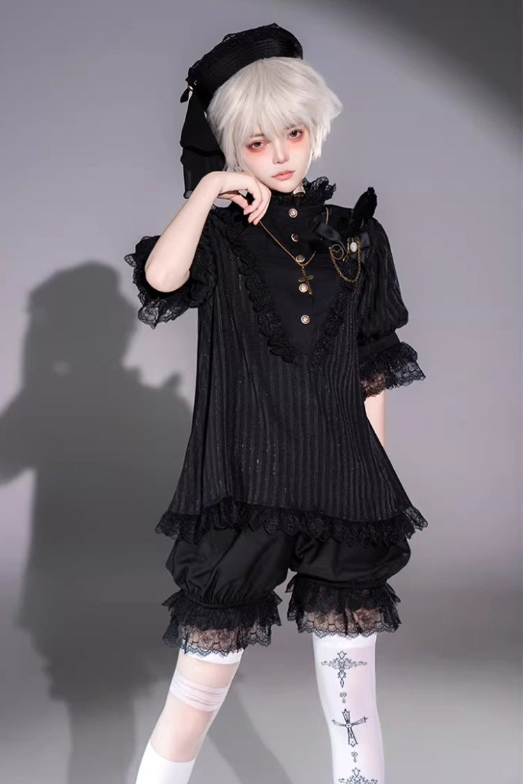 Black Stand Collar Long Short Sleeves Printed Ruffled Lace Gothic Ouji Lolita Set 2 Versions - Black - 10