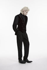 Black/Red V Collar Printed Slim Buckled Men's Gothic Retro Velvet Vest - Product - 4