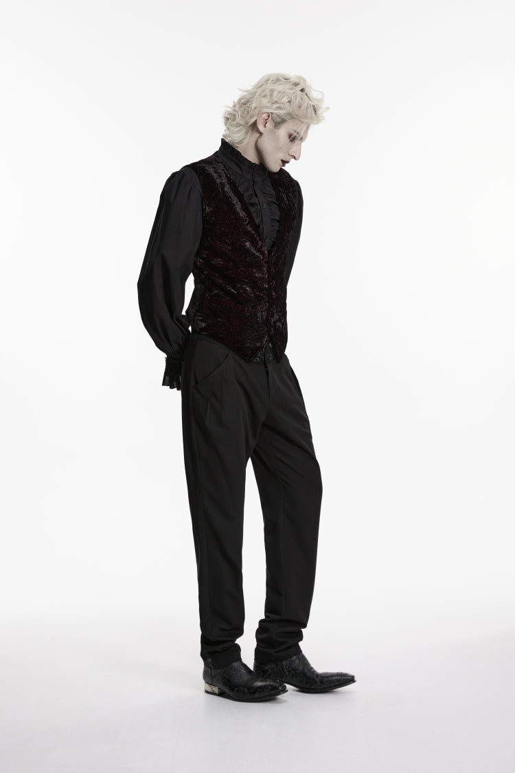 Black/Red V Collar Printed Slim Buckled Men's Gothic Retro Velvet Vest - Product - 4
