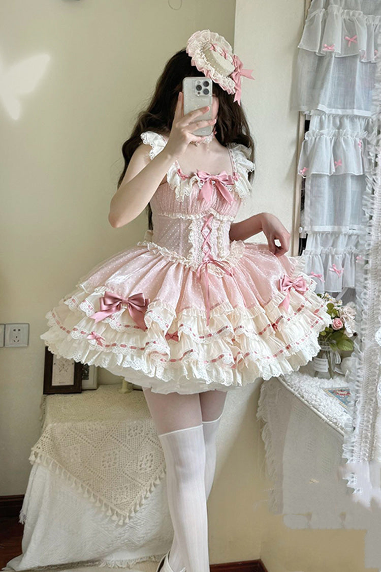 Pink [Flory Butterfly] Double-Layered Ruffle Bowknot Lace Lace-Up Sweet Ballet Lolita Jsk Dress - Product - 12