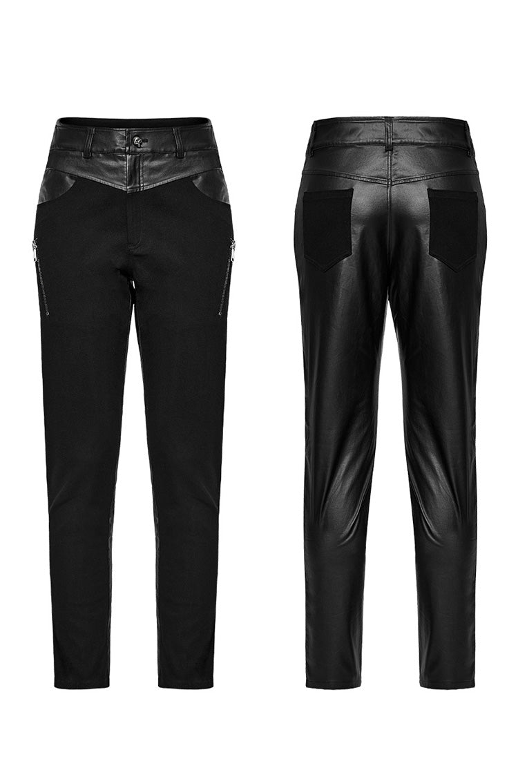 Black Faux Leather Stitching Zipper Men's Punk Pants - Product - 5