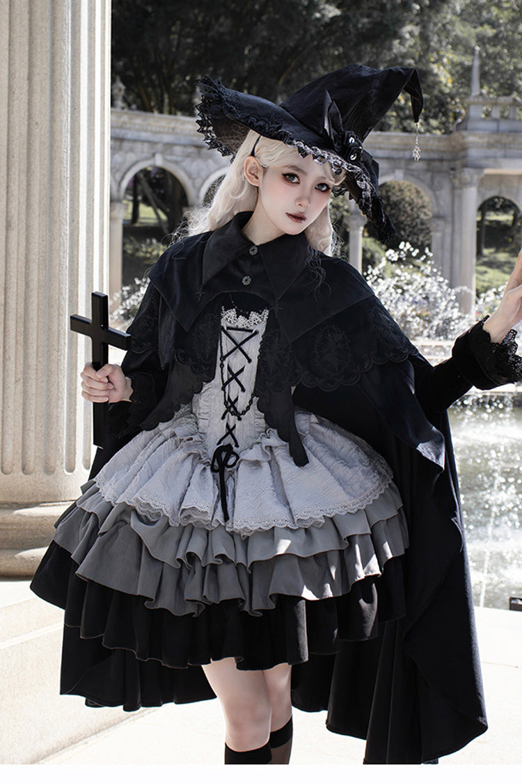 Black/Grey Witch Long Sleeves Gradient Multi-Layered Ruffle Bowknot Lace Gothic Chinese Style Lolita Dress - Product - 4