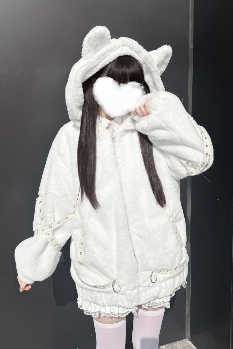 [Night Hunter] Cat Ear Long Sleeves Hooded Zippered Jirai Kei Coat 2 Colors - Product - 8