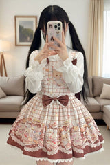 [Bear Cake] Sleeveless Print Bowknot Lace Doll-Style Sweet Lolita Suspender Dress 3 Colors - Product - 3