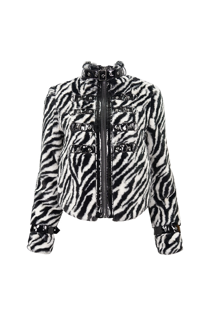 Black/White Stripe Design Shiny Belt With D-Shaped Buckle Decoration Padded Women's Punk Jacket - Product - 6