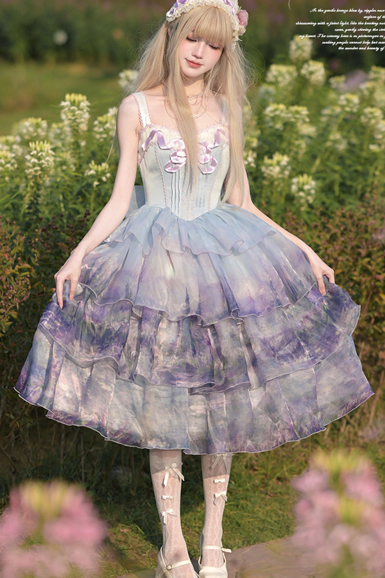Multi-Color Three-layer Swan Lake Print Oil Painting Ruffle Bowknot Sweet Lolita Jsk Dress - Product - 10