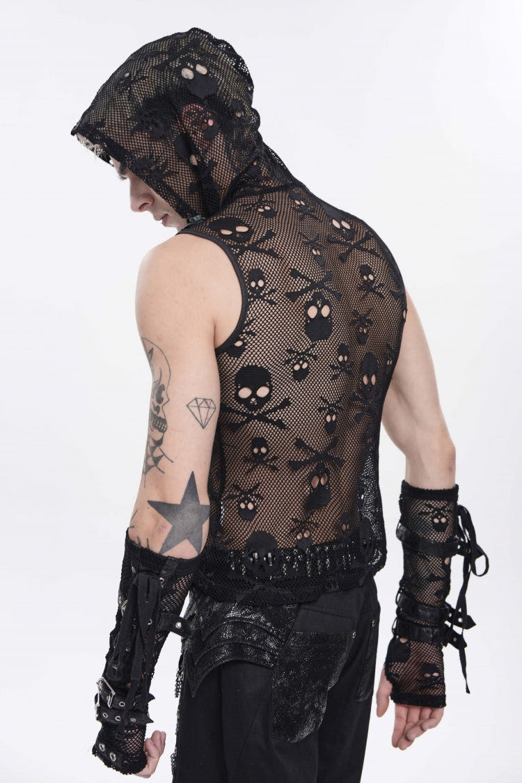 Black Sleeveless Slim  Skull Hooded Mesh Eyelet Men's Punk Cool Vest - Product - 11