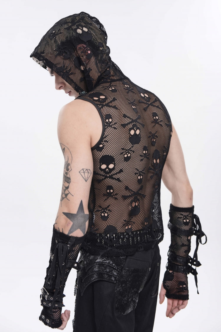 Black Sleeveless Slim  Skull Hooded Mesh Eyelet Men's Punk Cool Vest - Product - 11