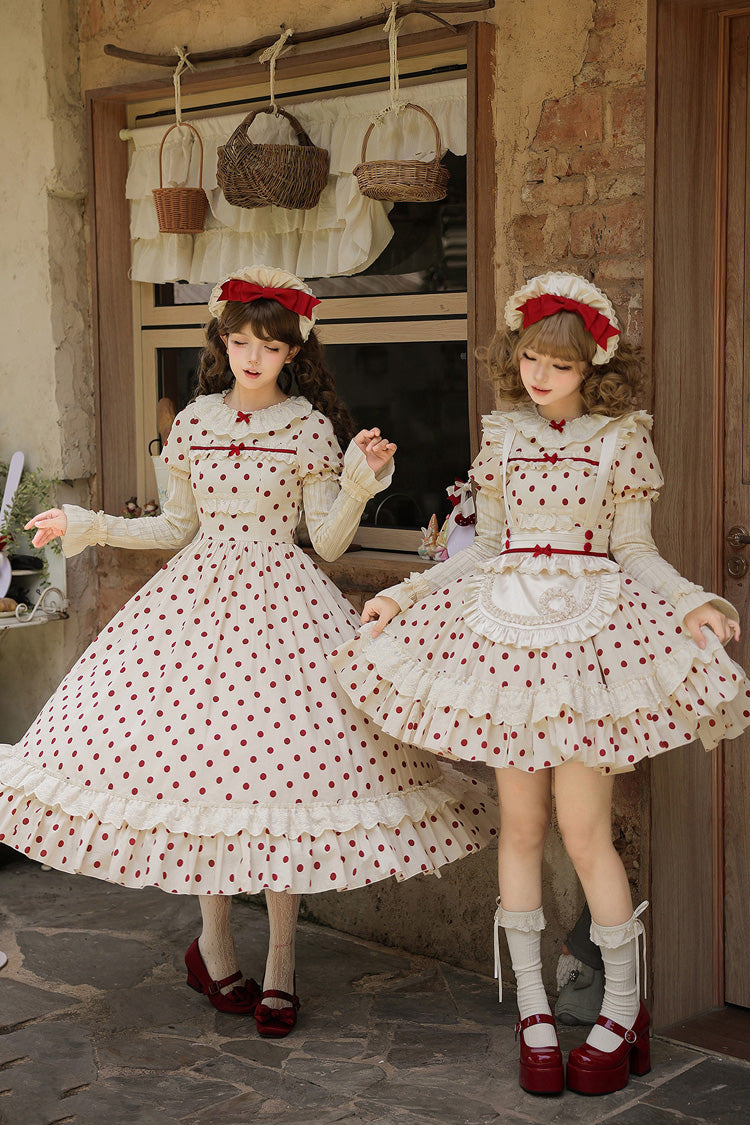 Apricot [Lollipop] Cotton Round Collar Long Lantern Sleeves Polka Dot Printed Ruffled Bow Lace Sweet Elegant Lolita Dress 2 Versions - Product - 9