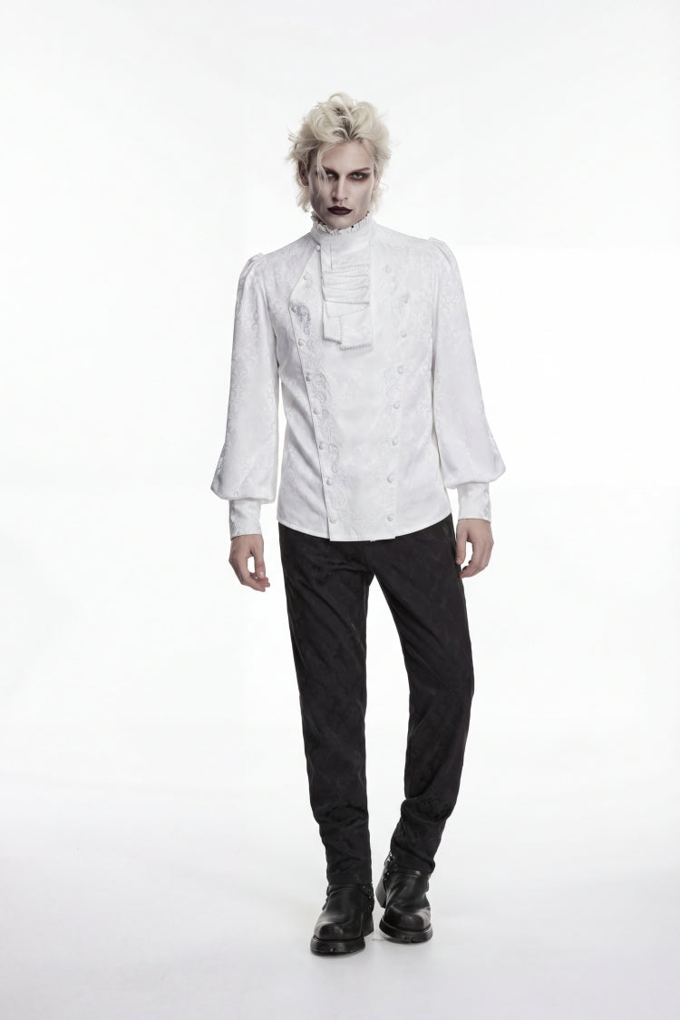 White Stand Collar Long Lantern Sleeves Jacquard Embroidered  Men's Gothic Palace Shirt with Detachable Tie - Product - 6