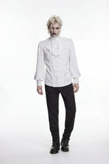 White Stand Collar Long Lantern Sleeves Jacquard Embroidered  Men's Gothic Palace Shirt with Detachable Tie - Product - 6