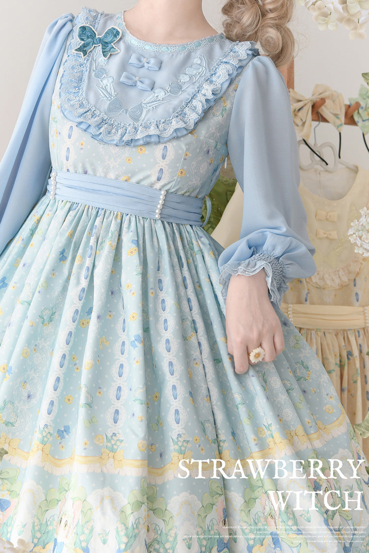 Blue [Lily of the Valley Cat] Print Ruffle Embroidery Bowknot Sweet Lolita Dress - Product - 5