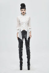 White Chiffon High Collar Front Flare Cuff Back Waist Lace Up Women's Gothic Blouse - Product - 4