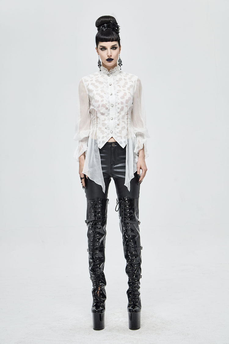 White Chiffon High Collar Front Flare Cuff Back Waist Lace Up Women's Gothic Blouse - Product - 4