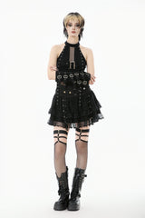 Black Wide-Waistband Eyelet Strap Double-Layered Lace Women's Punk Skirt - Product - 8