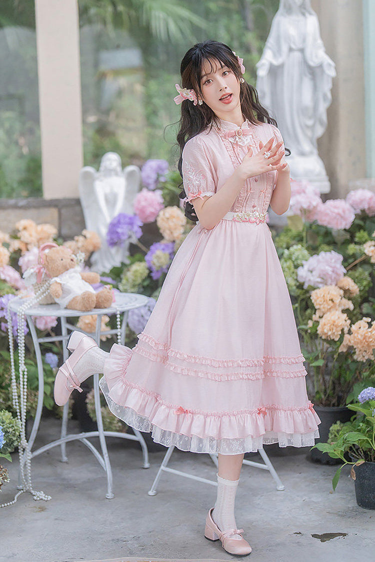 Pink Round Collar Short Sleeves High Waisted Ruffled Strawberry Midsummer Women's Sweet Lolita Dress - Product - 3