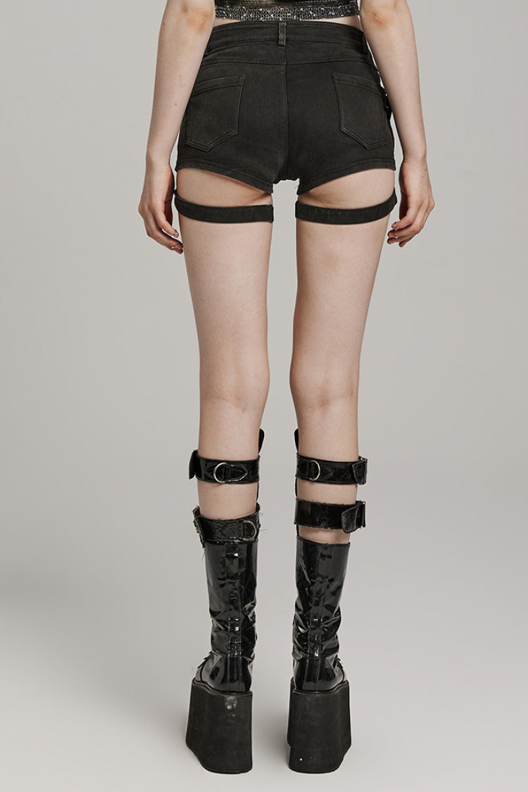 Black Slim Symmetrical Front Button Women's Steampunk Shorts - Product - 3