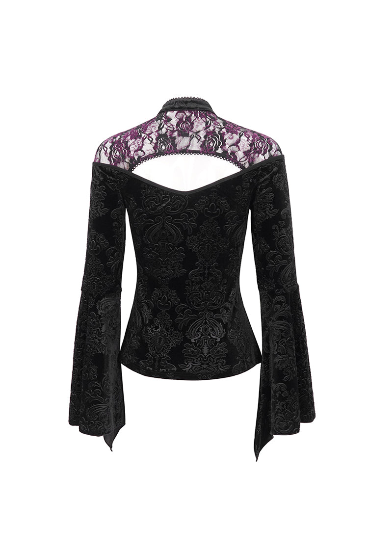 Black Cutout Flared Sleeved Floral Embossed Women's Gothic Shirt - Product - 11