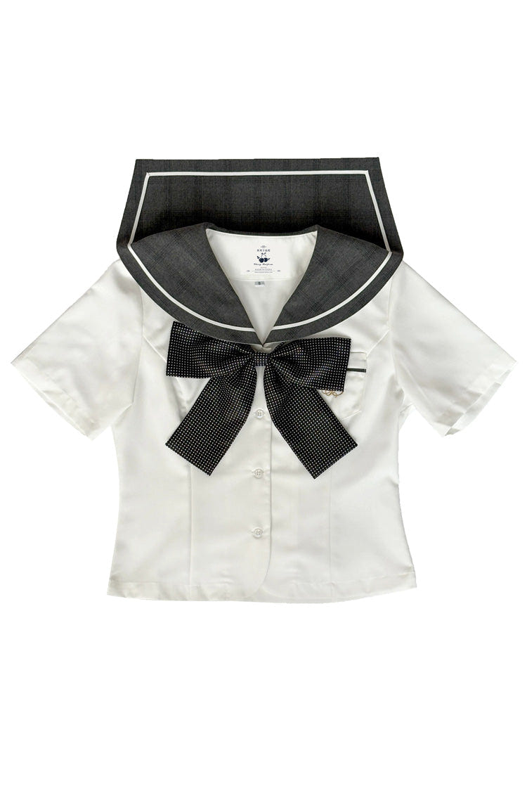ブラック／ホワイト 半袖 プリント フリル リボン 大きいサイズ 和風 Preppy スタイル セーラーカラー ツーピースセット 商品画像