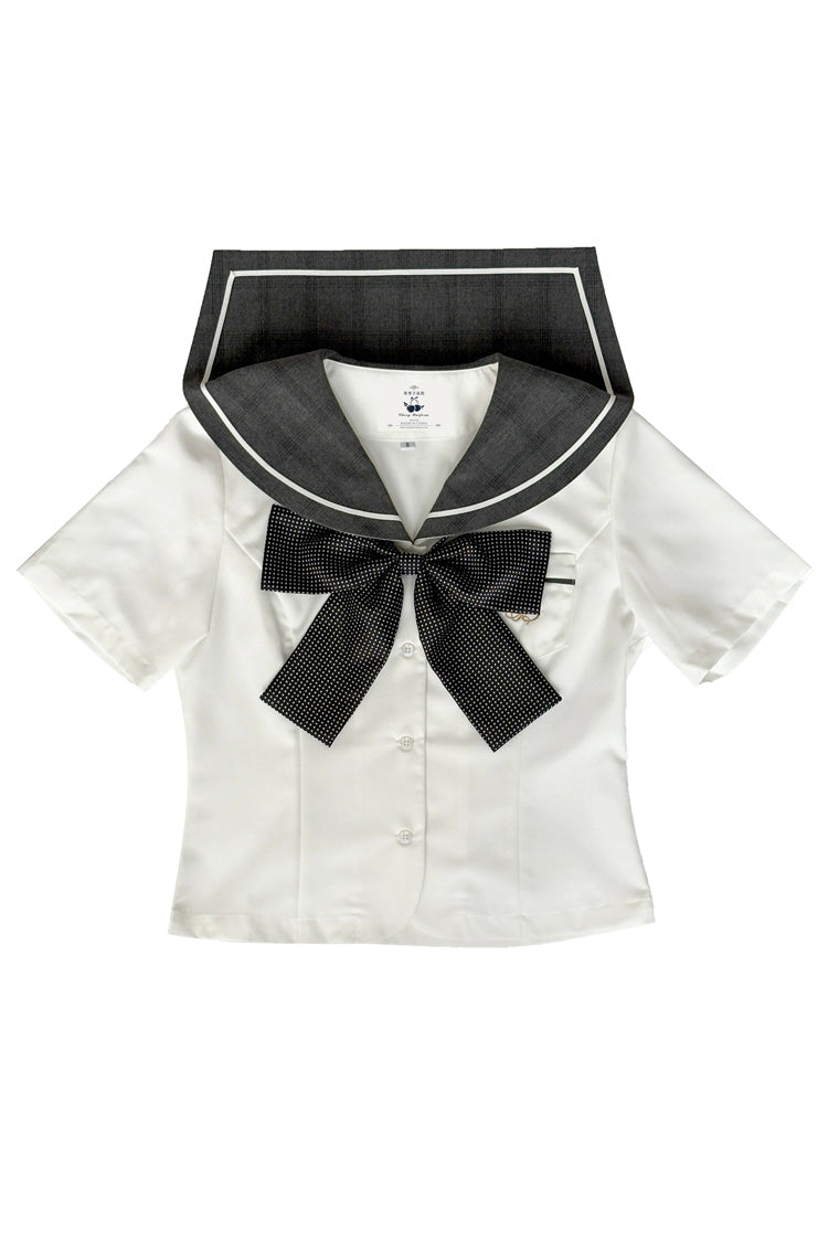Black/White Short Sleeves Printed Ruffled Bow Plus Size Japanese Preppy Style Sailor Collar  Two-piece Set - Top(Only) - 9