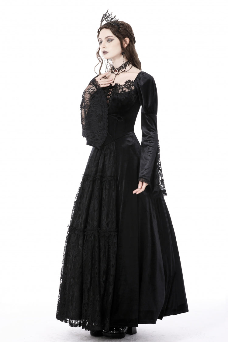 Black Long Puff Sleeves Spliced Lace Lace-Up Women's Gothic Vintage Velvet Wedding Dress - Product - 7