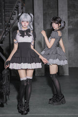 Black Square Collar Off Shoulder Short Sleeves Triple-Layered Bow Vintage Cool Lolita Dress - Product - 5