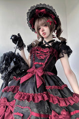 Black/Red [Super Cute Belia] Sleeveless Triple-Layered Ruffle Bowknot Lace Gothic Elegant Lolita Jsk Dress - Product - 3