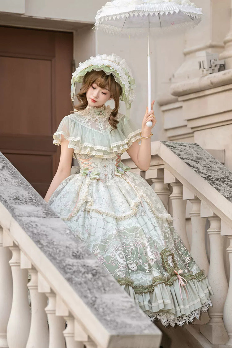 Spring Green [Cloudborne Prelude] Edwardian Collar Jacquard Printed Ruffled Bow Lace Fishbone Sweet Classic Lolita Dress - Product - 7