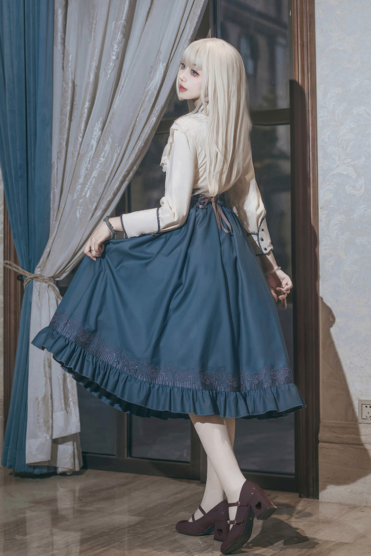 Blue Ruffle Embroidery Lace-Up Sweet College Style Elegant Lolita Skirt - Product - 3