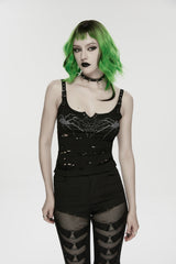Black Off Shoulder Slim Ripped Buckled Women's Punk Spiders&Web Printed  Vest - Product - 4