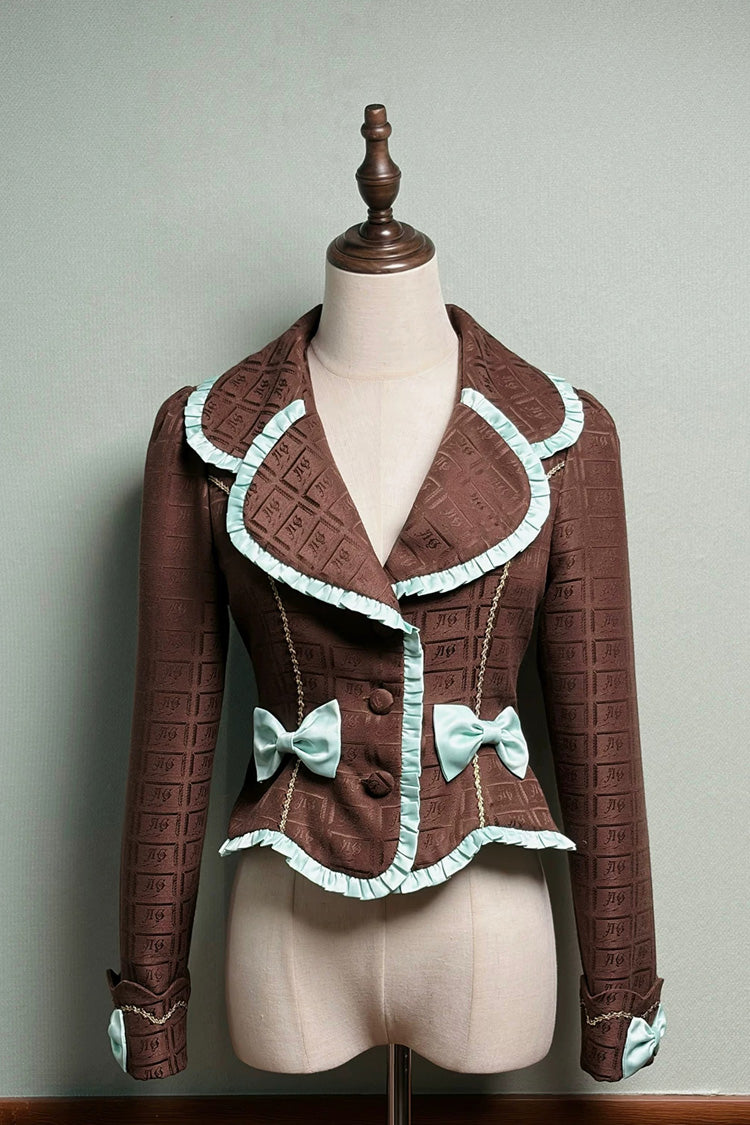 Brown [Teddy Chocolate Bar] Printed Embroidered Bow Lace-Up Classic Lolita Jsk Dress and Skirt - Brown/Mint(Coat-Only) - 20