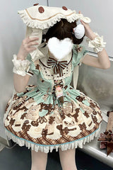 Brown [Peppermint Chocolate] Chocolate Cake Bear Print Ruffle Bowknot Lace-Up Sweet Lolita Dress - Product - 15
