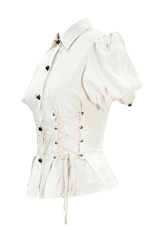 White Cotton Short Sleeves Slim Womens Punk Blouse - Product - 5
