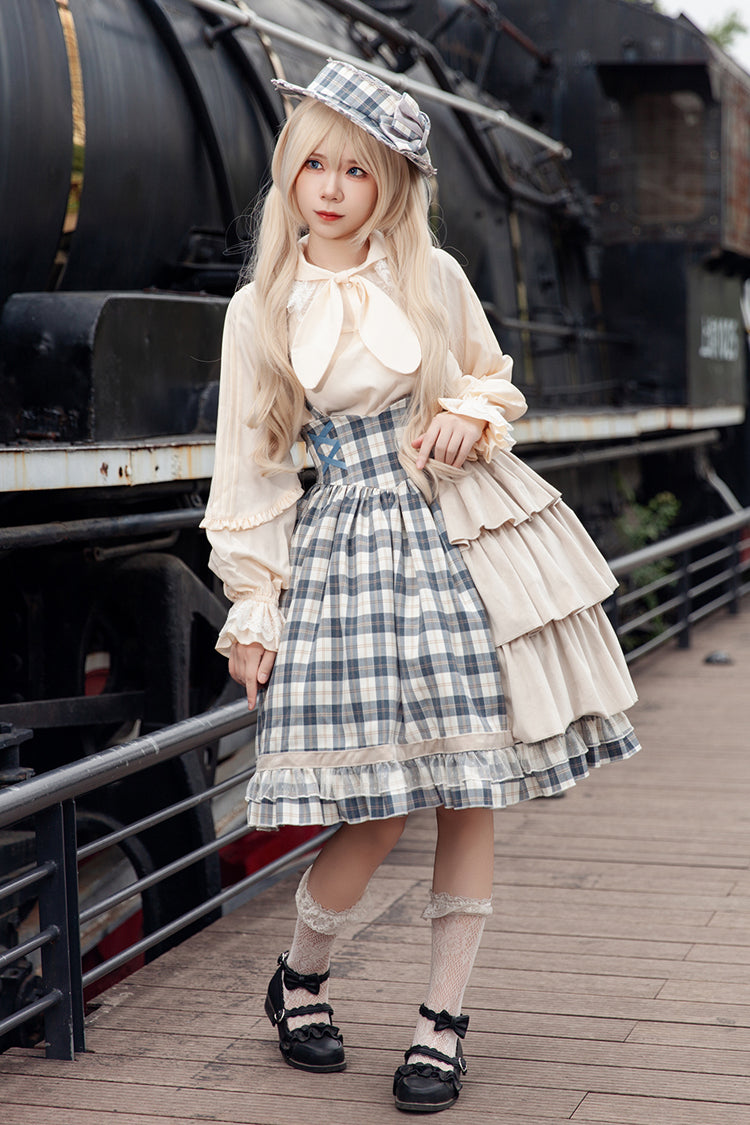 Grey/Blue [Morning Tune] Sleeveless High Waisted Print Ruffle Asymmetric Sweet Lolita Strap Dress - Product - 5