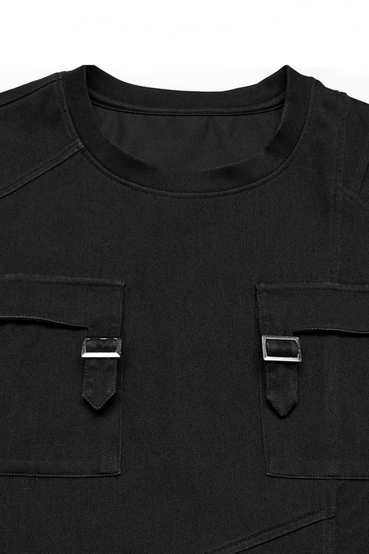 Black Round Collar Short Sleeves Pocket Denim Men's Punk T-Shirt - Product - 5