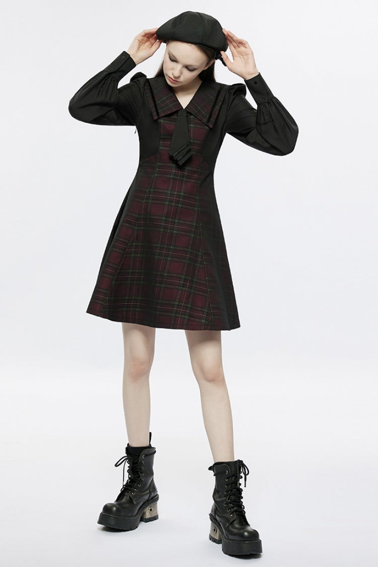 Black/Red Long Lantern Sleeves Plaid Print Detachable Lace-Up Women's Punk College Style Dress - Product - 4