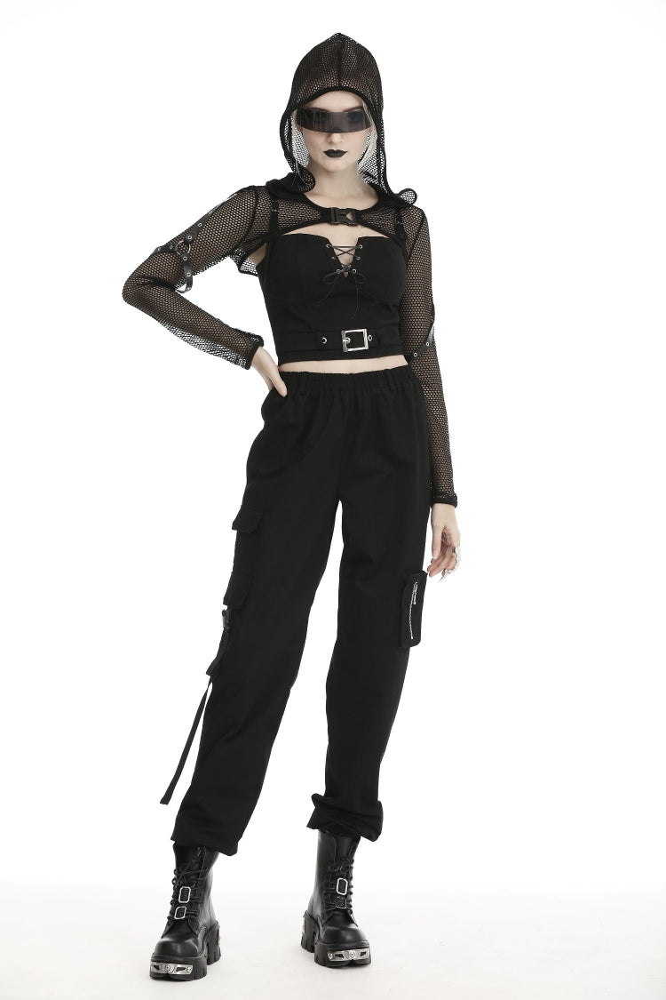 Black Long Sleeves Fishnet Mesh Women's Gothic Punk Hooded Cape - Product - 9