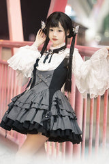 Black/Grey [Machinist] Sleeveless Multi-Layered Ruffle Bowknot Classic College Style Lolita Dress - Product - 2